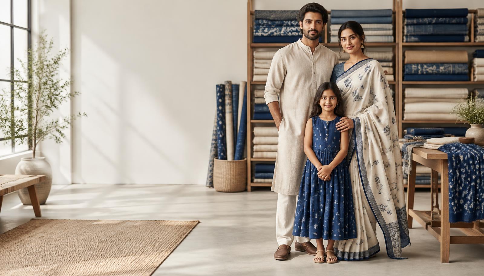 Family wearing cotton clothing in a textile studio