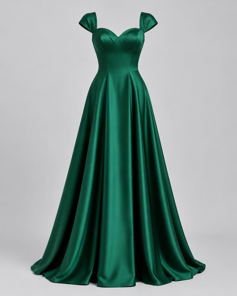 Satin Flared Evening Gown in Emerald Green